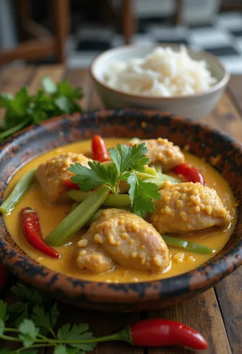 Bicol Express szárnyas bab tálalva szigáriyasszával és korianderrel