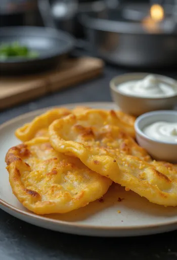 Aranybarnára sütött burgonyás lángos fokhagymás tejföllel és reszelt sajttal tálalva.
