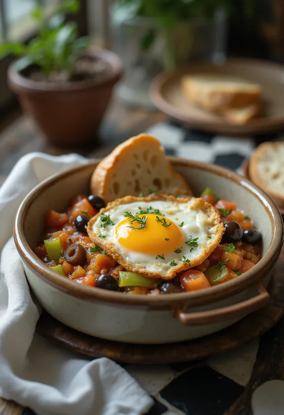 Caponata cataniai stílusban sült padlizsánnal, zellerrel és olívabogyóval tálalva