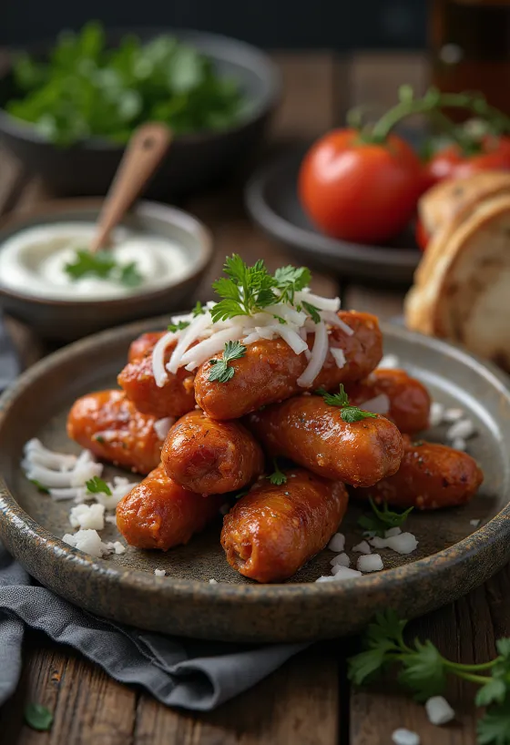 Cevapi fűszeresen, frissen sült és szép aranybarna, pita kenyéren tálalva