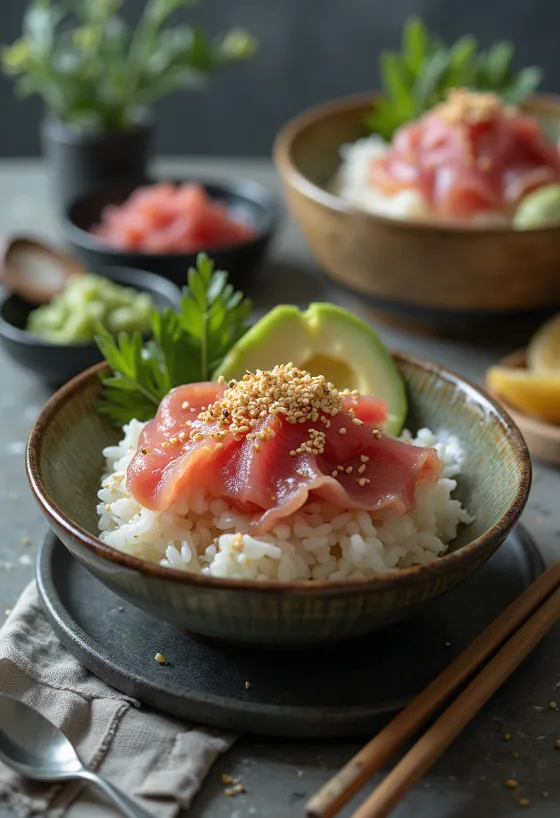 Chirashi tonhallal, friss zöldségekkel és szezámmaggal tálalva