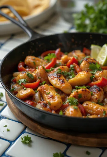 Fajitas csirkével tálalva lime-mal és korianderrel