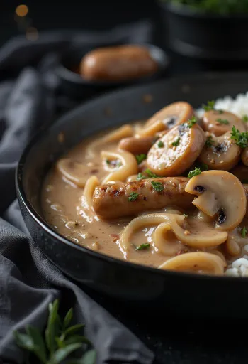 Falukorv stroganoff változatban, gazdag, krémes szószban, gombával és fokhagymával
