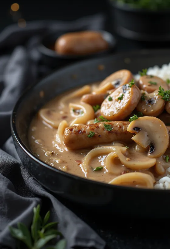 Falukorv stroganoff változatban, gazdag, krémes szószban, gombával és fokhagymával