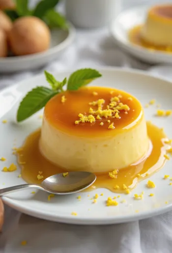 Flan citrommal, karamellás öntettel tálalva