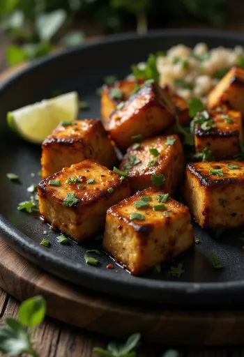 Jerk tofu tálalva korianderrel és piros paprikával díszítve