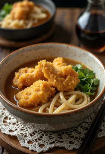 Karaage udon tálban tálalt udon tészta rántott csirkével, szójaszósz alapú szósszal és friss zöldhagymával díszítve