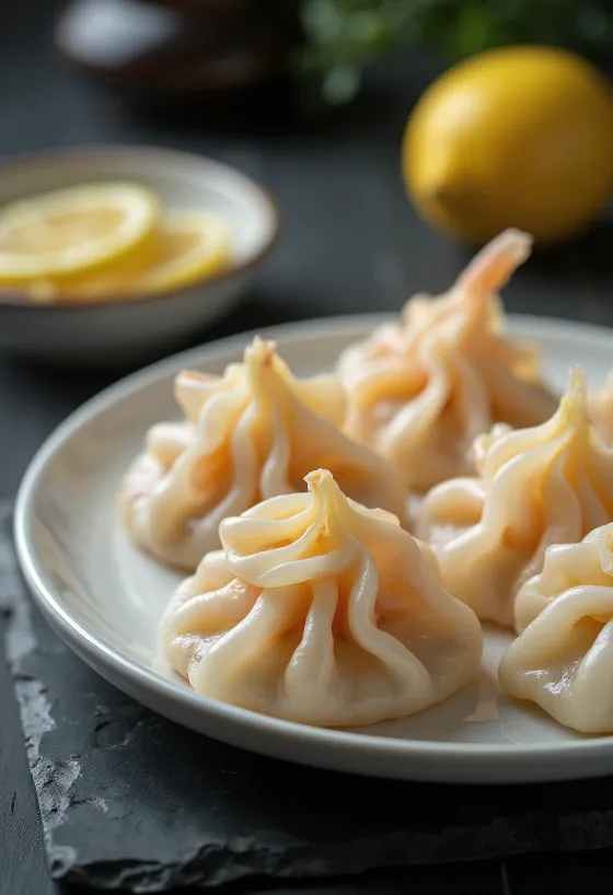Áttetsző tésztájú kínai har gow gombóc garnélás töltelékkel, bambuszgőzölőben tálalva