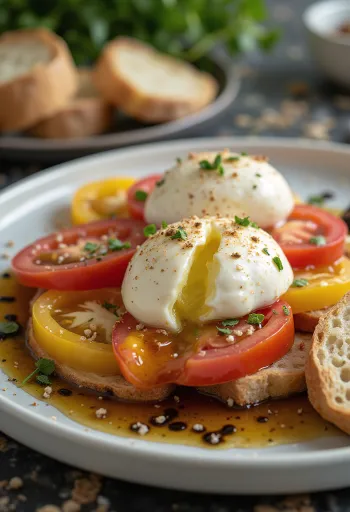 Klasszikus burrata saláta friss paradicsommal, olívaolajjal és bazsalikommal tálalva.