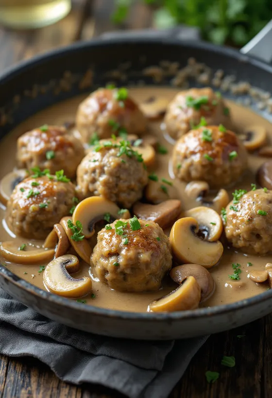 Köttbullar gombamártással, tejszínes mártásban, tálalva