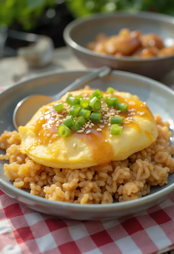 Miso omurice tálban, szezámmaggal és friss zöldhagymával díszítve