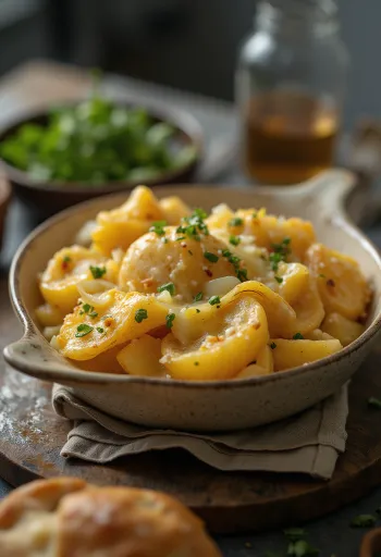Papas chorreadas hagymával tálalva, friss petrezselyemmel díszítve