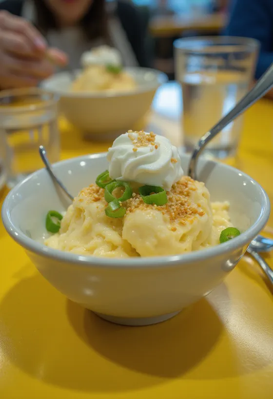 Párolt sundae, fahéjjal, tejföllel és szezámmaggal díszítve