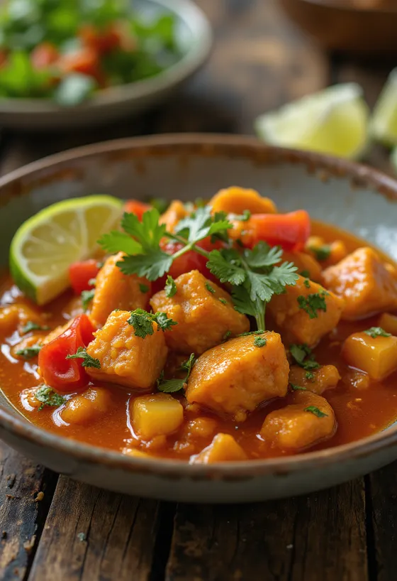 Picante de pollo vegano szejtánnal, paprikával és korianderrel tálalva