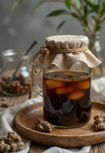 Fekete tea alapú kombucha átlátszó pohárban tálalva, világos borostyán színnel