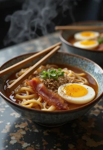 Ramen tál sült szalonnával, tojással és zöldhagymával