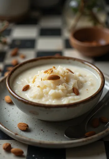 Rizs kheer desszert mandulával és kardamommal díszítve