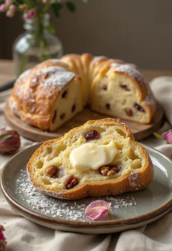 Rózsavizes-diós Stollen szeletelve, dióval és porcukorral
