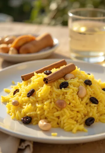 Sáfrányos mishti pulao, fűszeres rizs, rózsavízzel és aszalt gyümölcsökkel díszítve