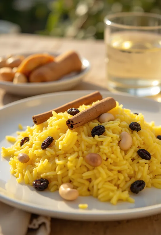 Sáfrányos mishti pulao, fűszeres rizs, rózsavízzel és aszalt gyümölcsökkel díszítve