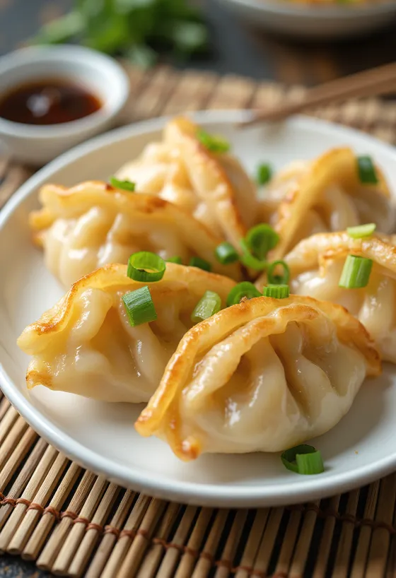 Shrimp Gyoza tálalva garnélás töltelékkel és szójaszószos mártogatóval