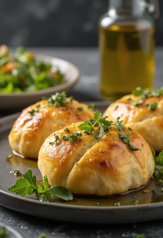 Stromboli fűszeres olívaolajjal tálalva, gazdag fűszeres olívaolajjal, kívül ropogós és belül puha.
