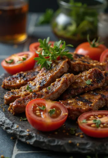 Suya marhahússal, pörkölt mogyoróval és korianderrel tálalva