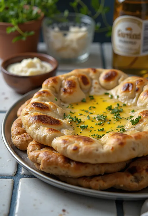 Tandoor naan teljes kiőrlésű liszttel, friss korianderrel és fokhagymás olajjal tálalva