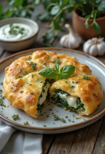 Tiganopsomo feta és spenóttal, aranybarna ropogós étel tálalva