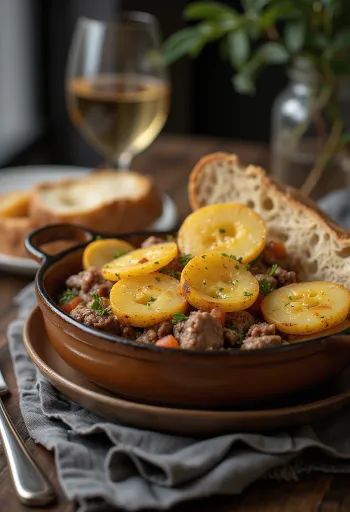 Baeckeoffe francia húsos rakott tálalva