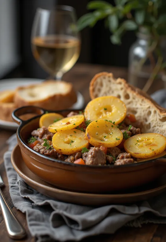 Baeckeoffe francia húsos rakott tálalva