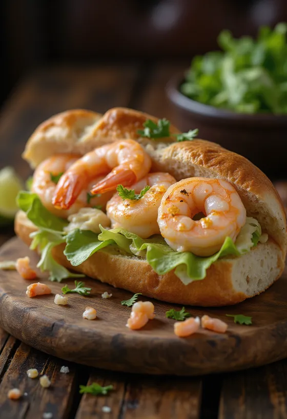 Bocadillo rákkal, garnélarák, majonéz, lime és jégsaláta a friss baguette-ben
