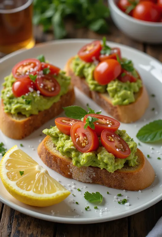 Bruschetta avokádóval és paradicsommal, pirított bagett szeleteken tálalva