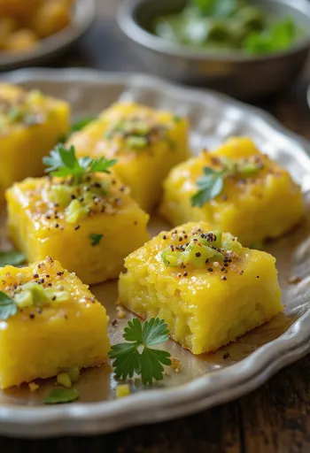 Cabbage dhokla friss korianderrel és fűszeres olajjal