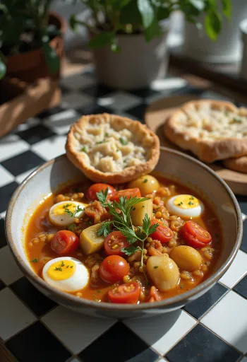 Caponata articsókával és borsóval tálalva, friss zöldségekkel