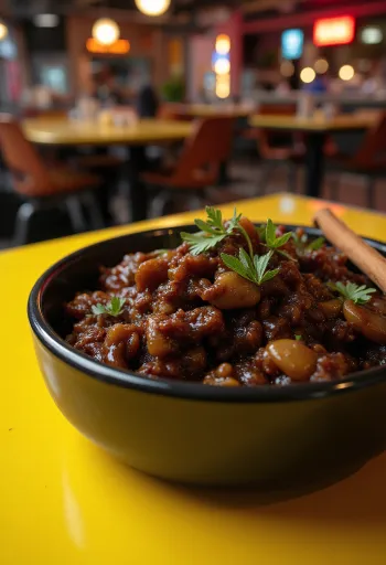 Caponata csokoládéval és fahéjjal tálalva, paradicsomos szószban, olívabogyóval