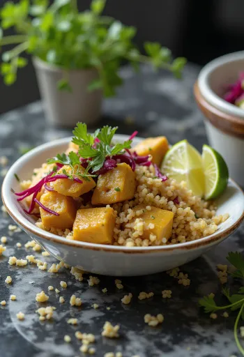 Céklás lime tofu quinoa curryvel tálalva