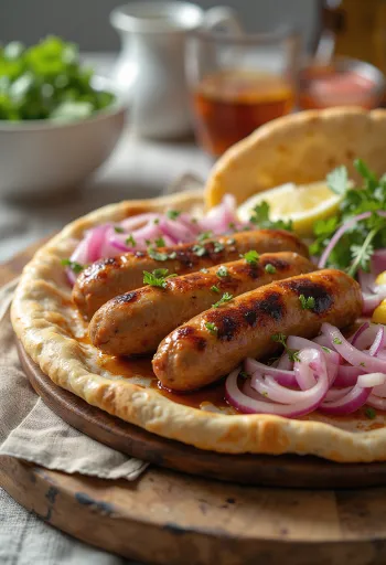 Cevapi hagymával, frissen sült és szép aranybarna, pita kenyéren tálalva