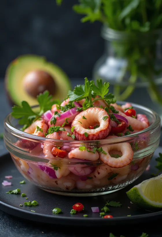 Ceviche de Pulpo frissen tálalva, avokádóval és lime szeletekkel