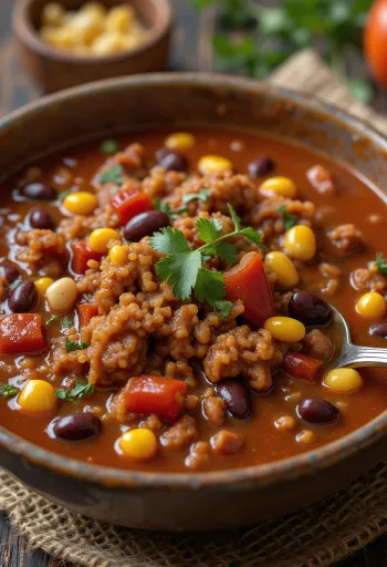 Chili con carne tálalva rizzsel és tortilla chipsekkel