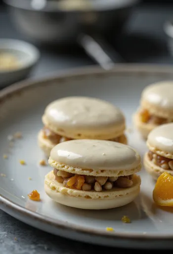 Diós-kandírozott narancsos macaronok tálalva