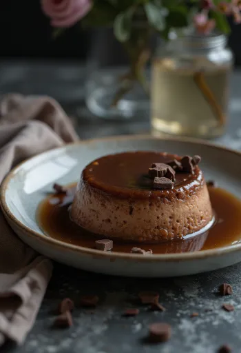 Flan csokoládéval, karamellás öntettel tálalva