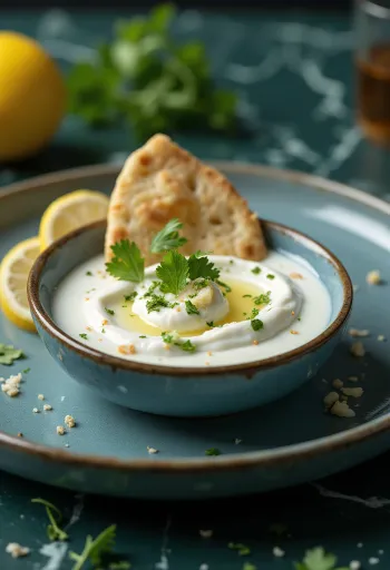 Friss fokhagymás raita egy tálban, finom korianderrel díszítve