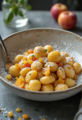 Kandírozott gyümölcsös gnocchi tálalva