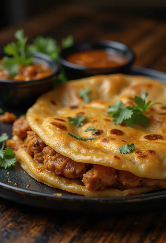 Kari dosa frissen, ropogósra sütve, curry töltelékkel tálalva