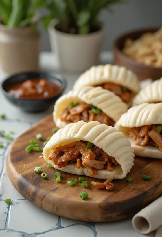 Gőzölt kínai baozi sült kacsahússal, hoisin szósszal töltve, bambuszgőzölőben tálalva