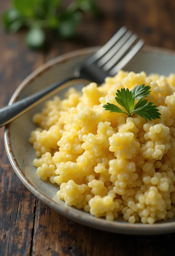 Klasszikus couscous tálalva, friss korianderrel és olívaolajjal