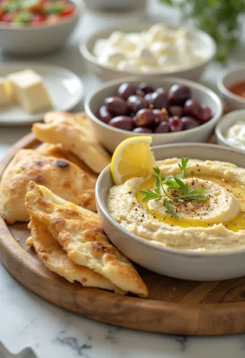 Klasszikus meze tál hummusszal, tzatzikivel, feta sajttal, olívabogyóval és friss zöldségekkel