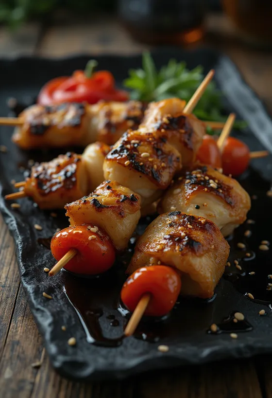 Kushiyaki yakitori vegyes nyárs zöldségekkel és hússal, grillen sütve