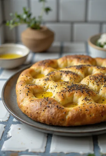 Lenmaglisztes focaccia tálalva